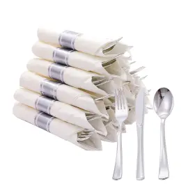 S-l303a N9r 50 Pack Pre Rolled Silver Plastic Cutlery Set Forks Knives Spoon