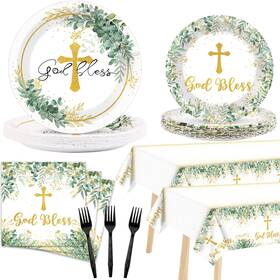Naozinebi Nb0098 98pcs God Bless Plates Baptism Tableware First Holy Communion Mi Bautizo Disp