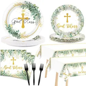Nb0098 Naozinebi 98pcs God Bless Plates Baptism Tableware First Holy Communion Mi Bautizo Disp