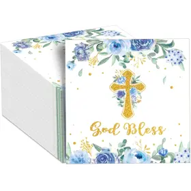 Nb0453 Naozinebi 100pcs God Bless Flower Napkins Baptism Paper Blue Floral Disposable