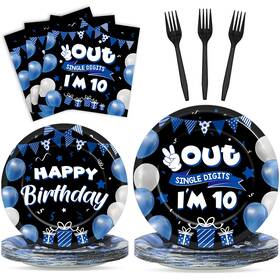 Naozinebi Yg0007 96pcs 10th Birthday Party Plates And Napkins Blue Black Dec