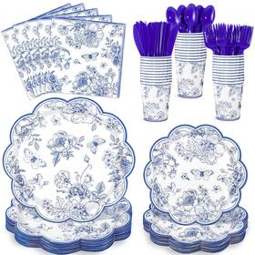 Natnarr G4106k-11-n 175 Pcs Blue Floral Plates And Napkins 25 Guest Scalloped Chinoiserie W