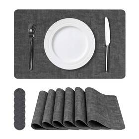Ncue Nc888 Vinyl Placemats Set Of 6 Faux Leather Waterproof And Heat Black