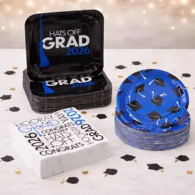 Ne-as 603305322152 Blue And Black Color Hats Off Grad 2026 Party Tableware Kit For 50 Guests #001