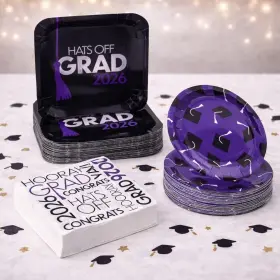 Ne-as 603305322213 Purple And Black Color Hats Off Grad 2026 Party Tableware Kit For 50 Guests #064
