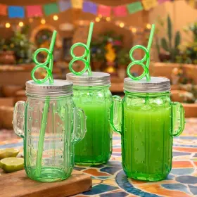 Ne-as 603305322305 Bulk 48 Saguaro Cactus-shaped Plastic Jar Cups With Lids And Curly Straws 18oz #395