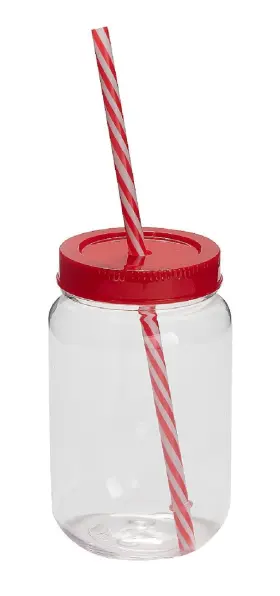 As-aci-57219 Ne-as 6-pc Jar Style Plastic Drink Cups With Red Lids And Candy-striped Straws 16oz #219