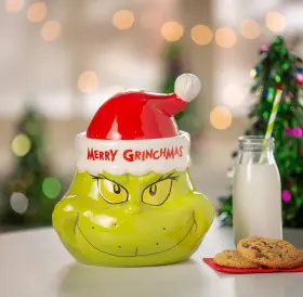 As-ad0-91135 Ne-as Large Merry Grinchmas Candy/cookie Jar With Santa Hat Lid 7-3/4 Inch H Collectible #135