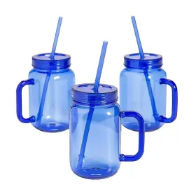 As-adb-32550 Ne-as 6-pc Blue Mason Jar Plastic Mugs With Handles Lids And Straws Party Cups 16oz #550