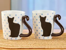 As-f1912 Ne-as 2-pc Cute Cat Silhouette Coffee Mugs Set Ceramic With Tail Handles 11oz #912
