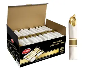 Neatiffy 628504643921 50 Pack Gold Plastic Silverware Set Pre Rolled Napkin And Cutlery S