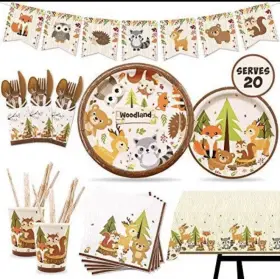 Nefelibata 604220339010 Animal Party Tableware Supplies Set Including Banner Plates Cups Etc.. Woodland
