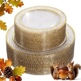 Nervure 664111755909 102pcs Gold Plastic Plates - Disposable Clear Party Inclu