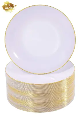 Nervure 664111758313 100pieces White With Gold Rim Plastic Plates 7.5inch Disposable Salad/desse