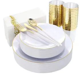 Nervure 664111758634 140pcs White And Gold Plastic Plates - Disposable Party