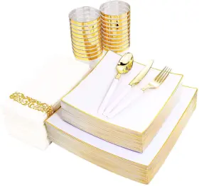 Nervure 664111758764 140pcs White Square Plastic Plates With Gold Rim Disposable Includes