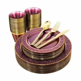 Nervure 664111759525 150pcs Clear Purple Plastic Plates - Gold And Incl