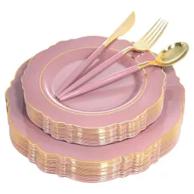 Nervure 664111759945 100pcs Mauve Pink Plastic Plates With Gold Rim And Disposable