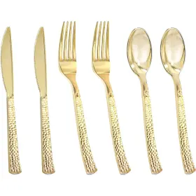 Nervure 664111763034 300pcs Gold Hammered Plastic Silverware - Heavy Duty Cutlery Disposable Utensils