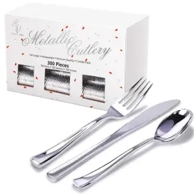 Nervure 664111767759 300 Piece Silver Plastic Silverware Set - Heavy Duty Cutlery