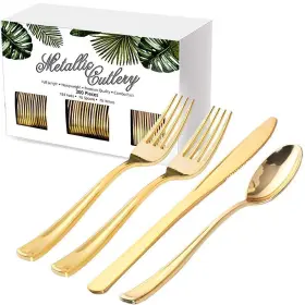 Nervure 664111768091 300 Piece Gold Plastic Silverware Set Heavyweight Cutlery Disposabl