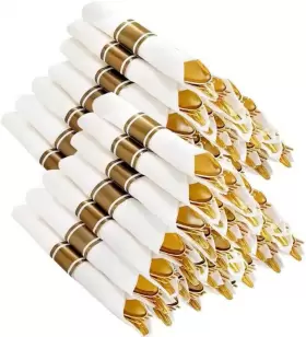 Nervure 689853272552 400pcs Pre Rolled Gold Plastic Silverware Sets - Heavy Duty Fancy