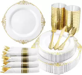 Nervure 696585072855 350pcs White And Gold Plastic Plates Pre Rolled Napkins With &