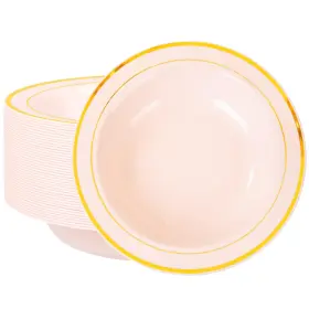Et04 Nervure 50 Pack Pink Plastic Bowls With Gold Rim - 12oz Disposable Soup