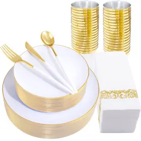 Et5153 Nervure 350pcs White Gold Plastic Plates - Disposable Dinnerware Sets