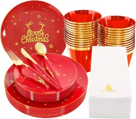 Et53 Nervure 175pcs Christmas Plastic Plates - 10.25 Inches And 7.5 Red