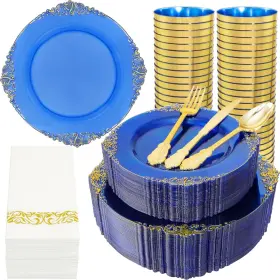 Eu00 Nervure 350pcs Blue Plastic Plates - Dinnerware Sets For 50 Gues