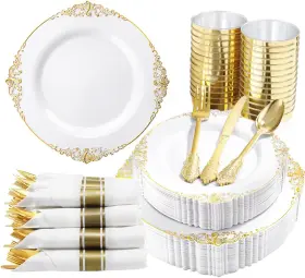 Eu0103 Nervure 350pcs Gold Plastic Plates - Disposable Dinnerware And Pre Rolled