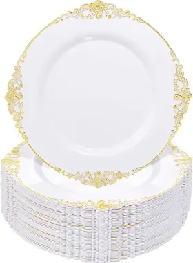 Eu03 Nervure 100pcs White And Gold Plastic Plates - 10.25inch Disposable