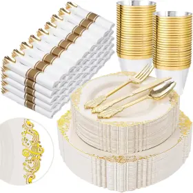 Eu350 Nervure 350pcs Ivory Plastic Plates - Gold Dinnerware