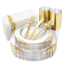 It26s33 Nervure 175pcs Clear Gold Plastic Plates - Disposable Dinnerware Set For 25 Gues