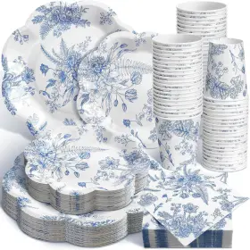 Newtay 711181869415 250 Pcs Blue Floral Disposable Plates And Napkins White Paper Ta