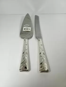 Nml-1009 Nicole Miller Cake Set 2 Pc Home Silver Shimmer Knife Server