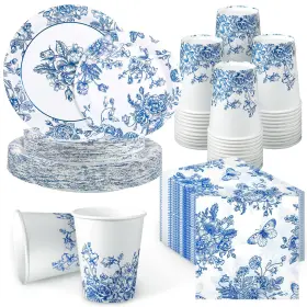 Yur-nitial-49 Nitial 200 Piece Blue And White Flower Disposable Tableware Set Serves 50 Guests Floral