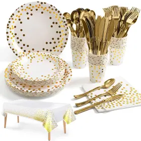 Nkaiso 774602878793 141 Pieces White Gold Party Supplies Dinnerware Sets Paper Plates Napki