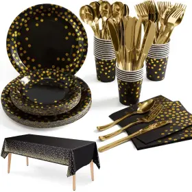 Nkaiso 774602878816 141 Pieces Black Gold Party Supplies Dinnerware Sets Include Paper Plat