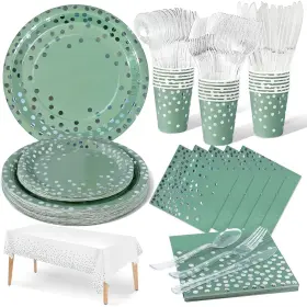Nkaiso 977225870371 141 Pieces Sage Green And Silver Party Supplies Dinnerware Sets Include Pa