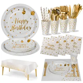 Nkaiso 977225870616 Birthday Party Tableware 161 Pieces White Gold Supplies Dinnerwar