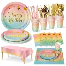 Nkaiso 977225870883 Birthday Party Tableware 161 Pieces Rainbow Gold Supplies Dinnerw