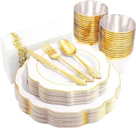 Noccur 712297106975 175pcs Gold Plastic Plates With Disposable Silverware 175 Pieces