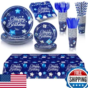 B0c74hd3qp Norme 176pc Navy Blue Silver Birthday Tableware Set Tablecloth Plates Cups