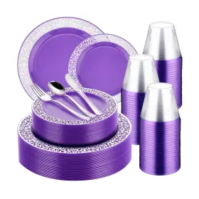 Norme-plates-0755 Norme 450 Pcs Purple Silver Plastic Party Plates Sets Include 75 Dinner Pate