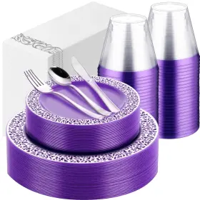 Norme-sdef565 Norme 350 Pcs Purple Silver Plastic Dinnerware Set For 50 Guests Includes Dinner Pl