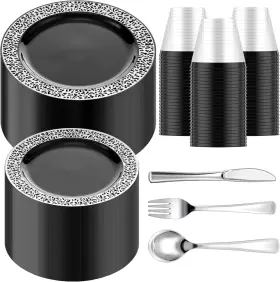 Norme-sfd123 Norme 300 Piece Black And Silver Plastic Dinnerware Set 100 Plates B193