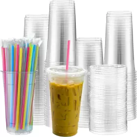 Nuogo 696590482861 100 Set 32oz Clear Plastic Cups With Flat Lids And Straws Pet Cup