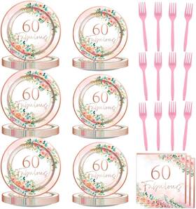 Obusatt Mg0146 96pcs 60th Birthday Party Supplies Rose Gold Plates Napkins Serves 24 Women
